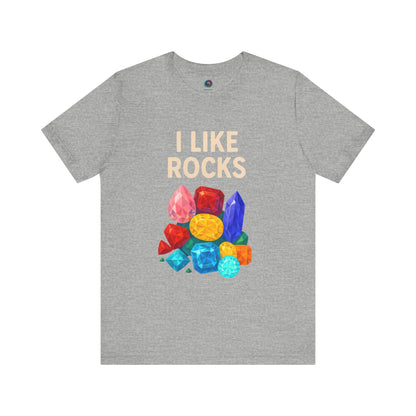Flat lay of gray I Like Rocks Shirt with bold gem cluster graphic – a perfect i like rocks meme shirt for geology fans and mineral collectors.