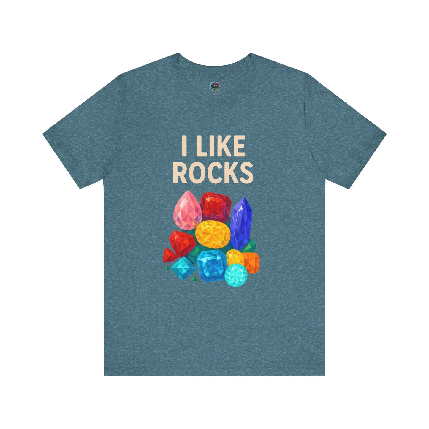 Flat lay of heather deep teal I Like Rocks Shirt featuring colorful gemstones – a humorous pick for i love rocks meme fans.