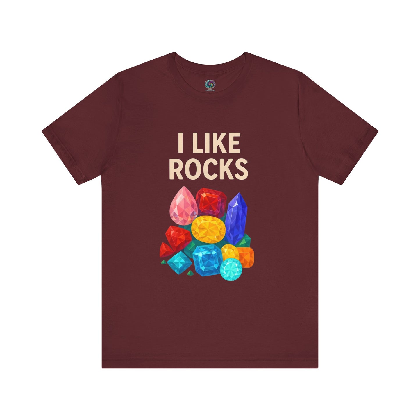 Flat lay of maroon I Like Rocks Shirt with bright gem graphics, designed for rock lovers and mineral enthusiasts.