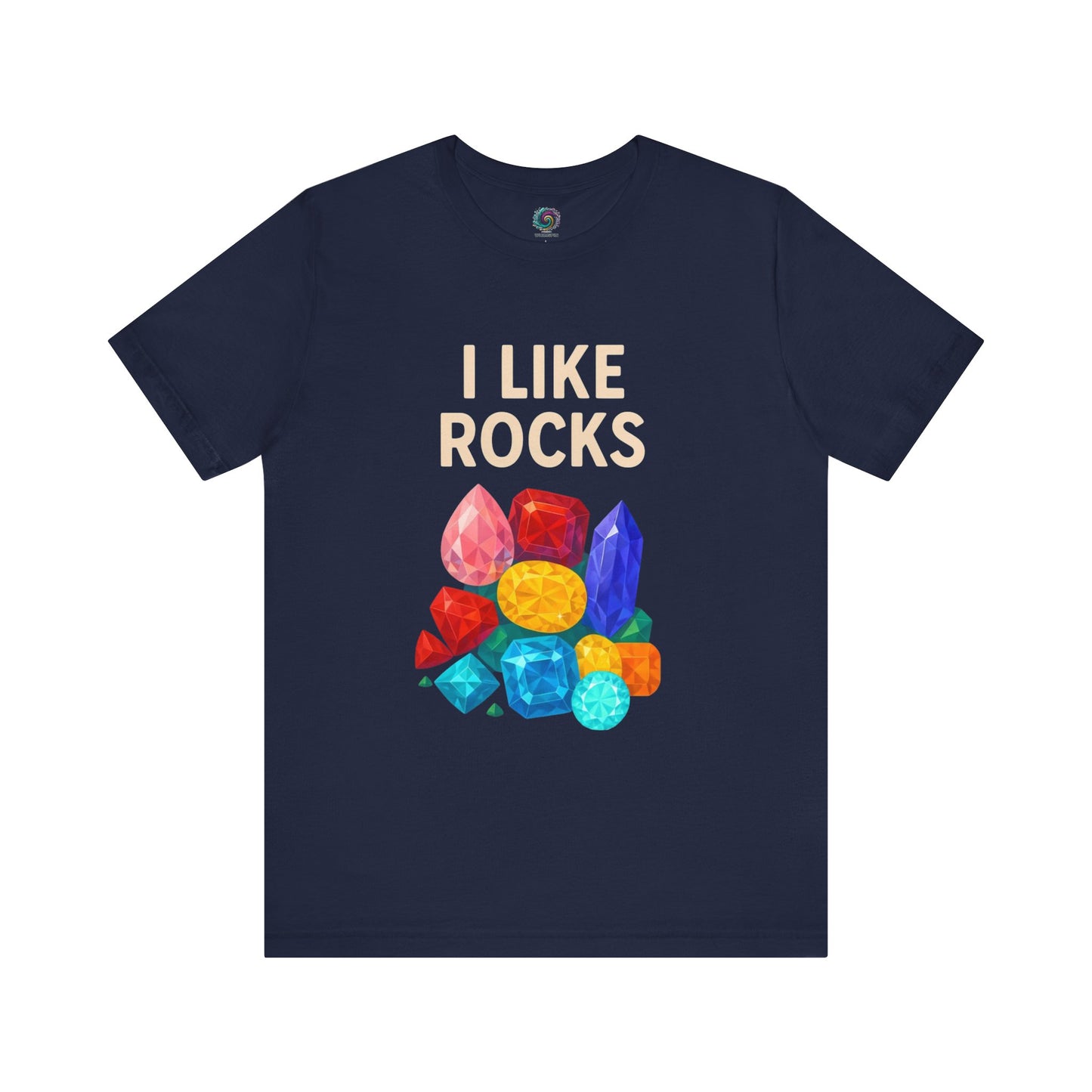Flat lay of navy I Like Rocks Shirt, colorful crystal artwork makes it a bold i like rocks statement piece.