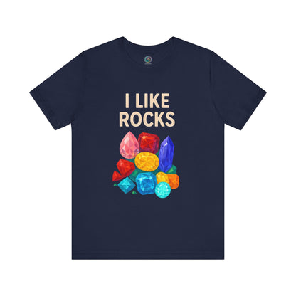 Flat lay of navy I Like Rocks Shirt, colorful crystal artwork makes it a bold i like rocks statement piece.