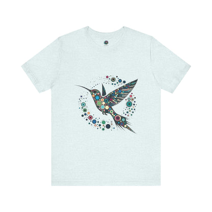 Hummingbird Dot Art T-Shirt – Colorful Nature-Inspired Graphic Tee in icy blue tone, showcasing intricate dotted art of a hummingbird mid-flight. A perfect hummingbird t shirt.