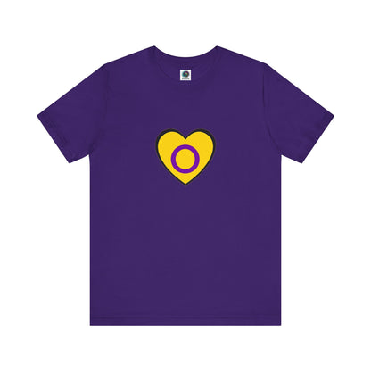 Intersex Pride Heart T-Shirt in team purple, a bold and bright show of support for intersex awareness.
