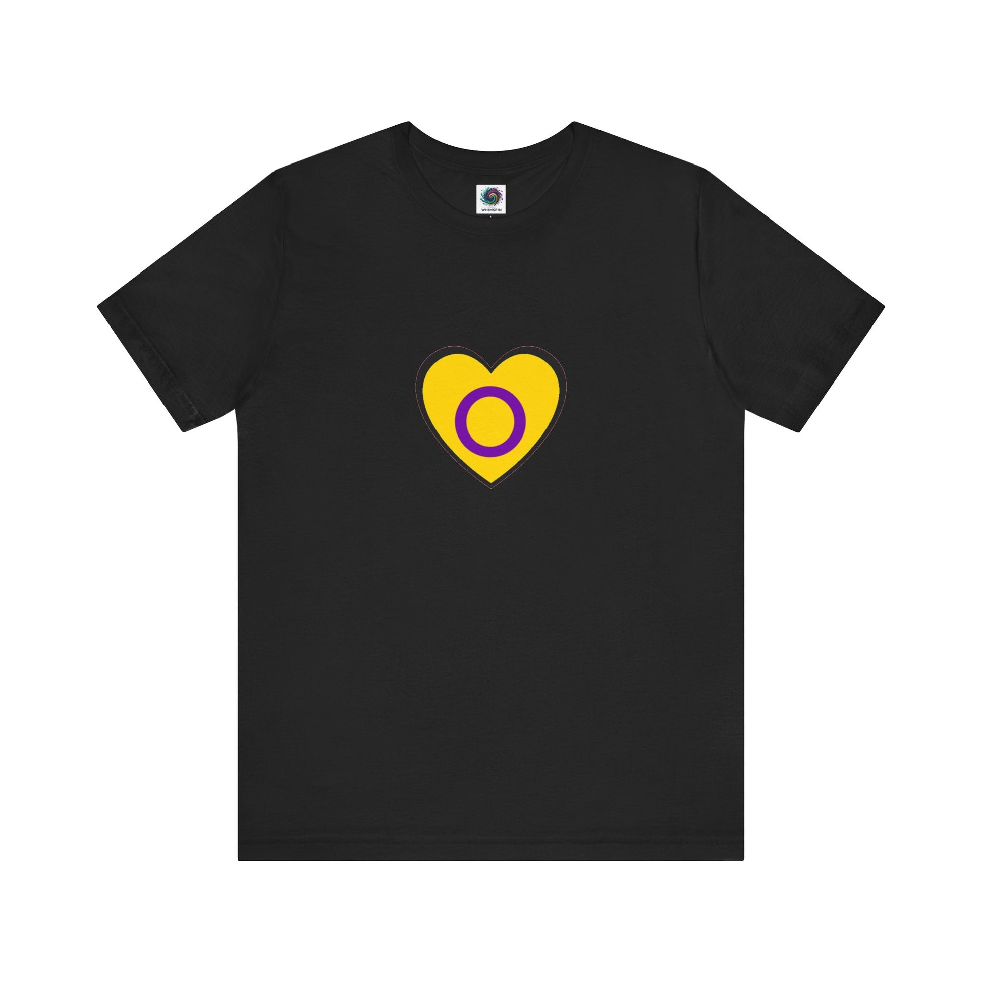 Intersex Pride Heart T-Shirt in black, featuring minimalist heart graphic in yellow and purple, perfect for intersex visibility.