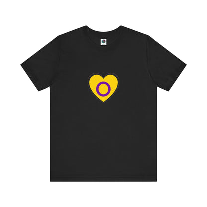 Intersex Pride Heart T-Shirt in black, featuring minimalist heart graphic in yellow and purple, perfect for intersex visibility.