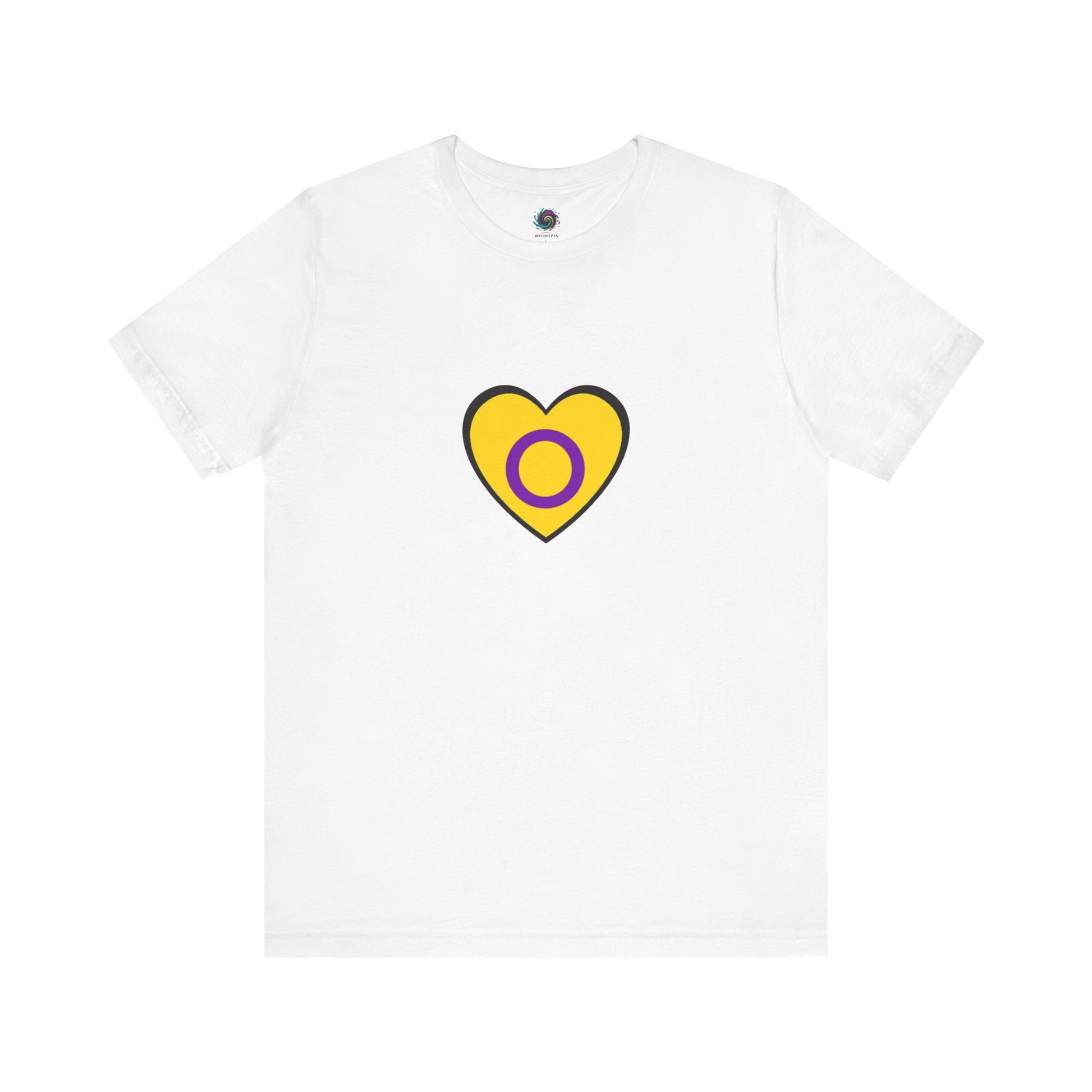 Intersex Pride Heart T-Shirt in white with yellow heart and purple circle symbolizing intersex pride.