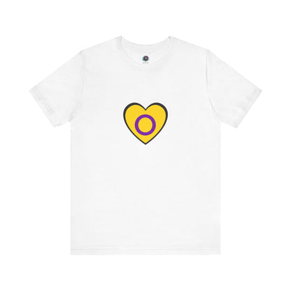 Intersex Pride Heart T-Shirt in white with yellow heart and purple circle symbolizing intersex pride.