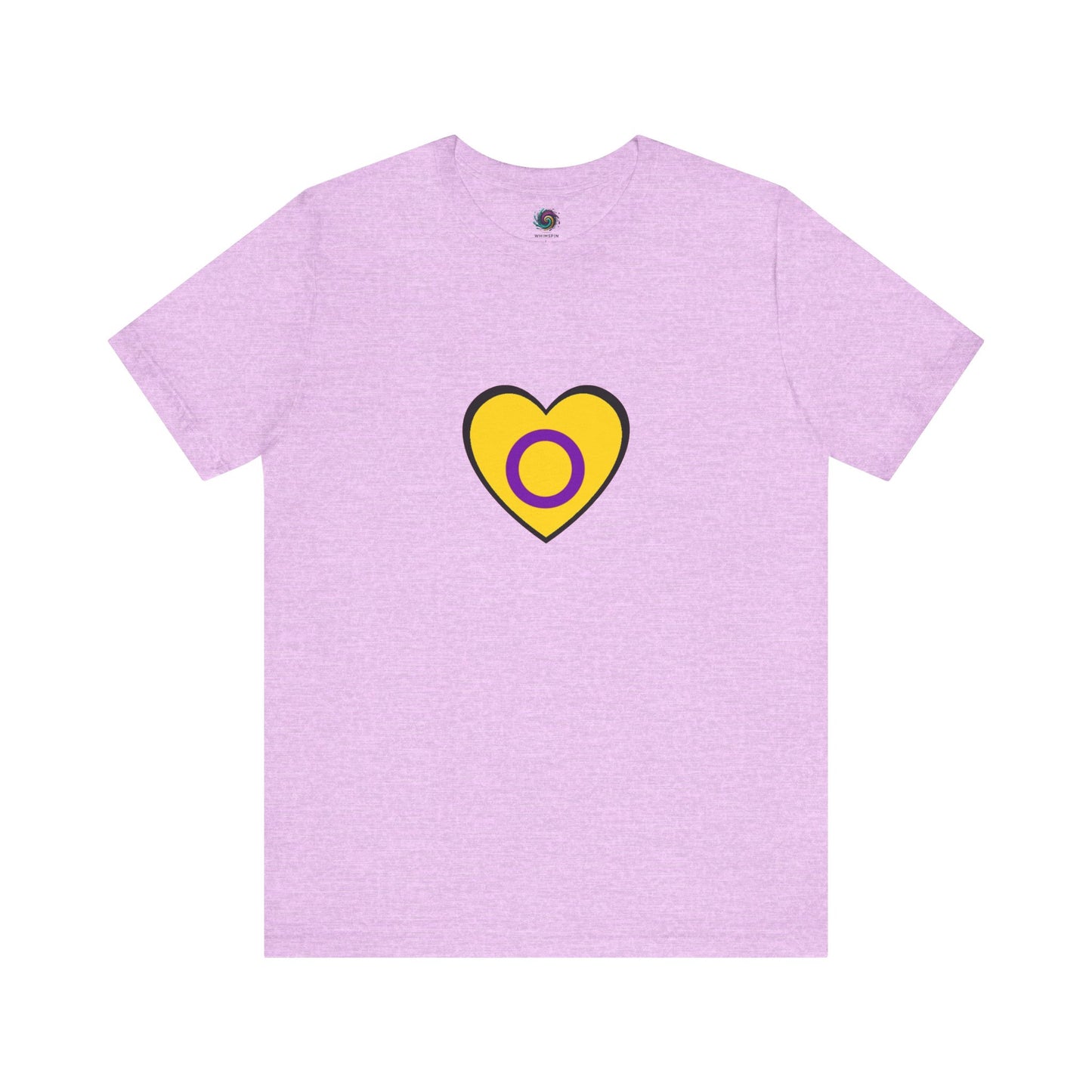 Intersex Pride Heart T-Shirt in heather prism, with bold and inclusive heart design perfect for LGBTQIA+ pride events.