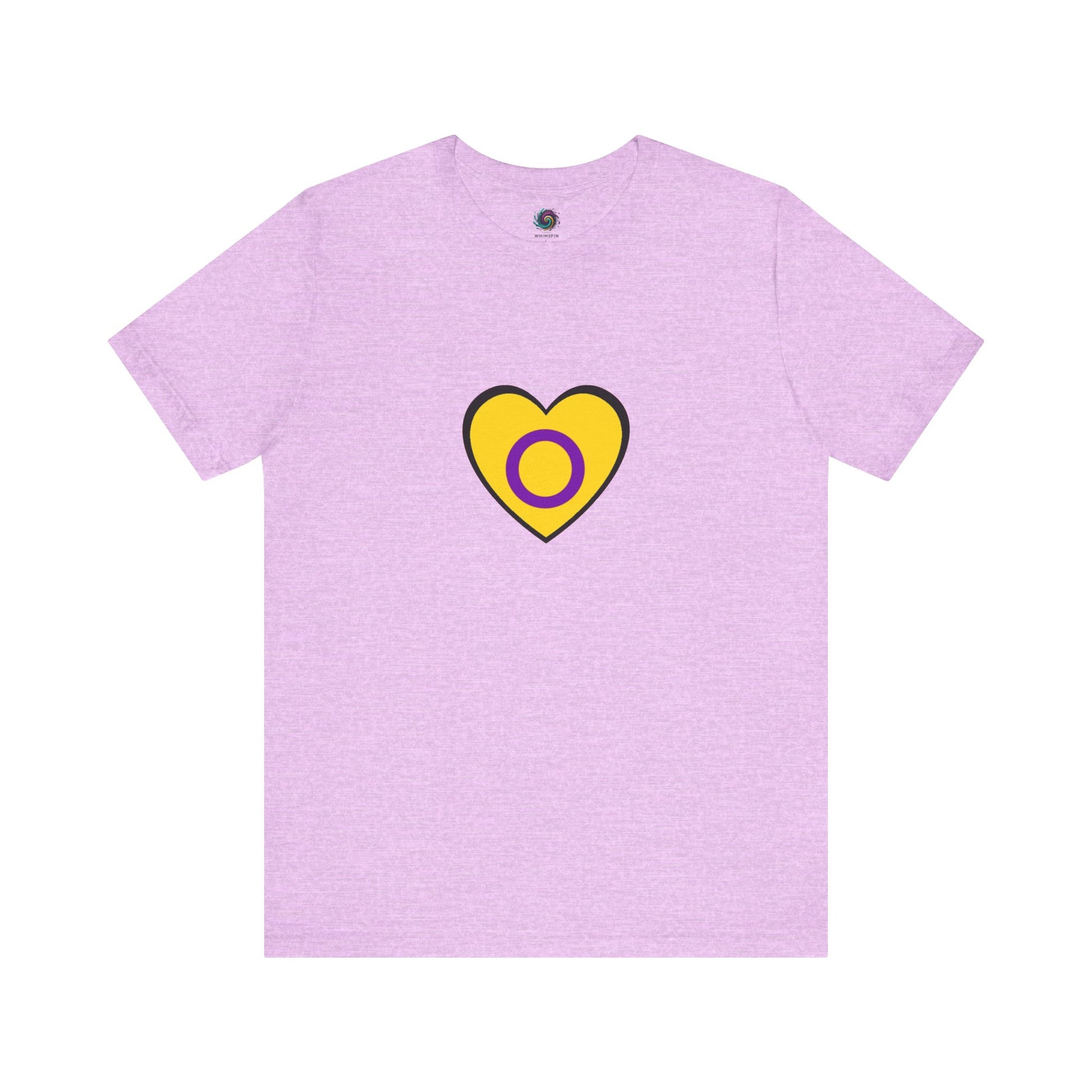 Intersex Pride Heart T-Shirt in heather prism, with bold and inclusive heart design perfect for LGBTQIA+ pride events.