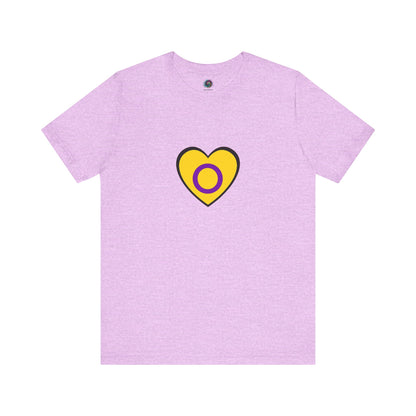 Intersex Pride Heart T-Shirt in heather prism, with bold and inclusive heart design perfect for LGBTQIA+ pride events.