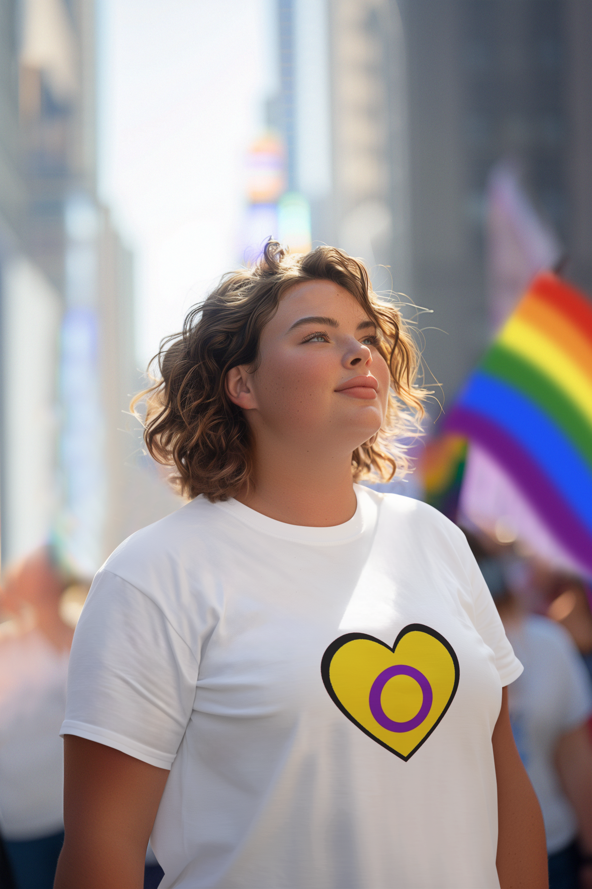 Intersex Pride Heart T-Shirt in white, worn by woman at a pride march, featuring a yellow heart with a bold purple circle design showing intersex pride and solidarity.