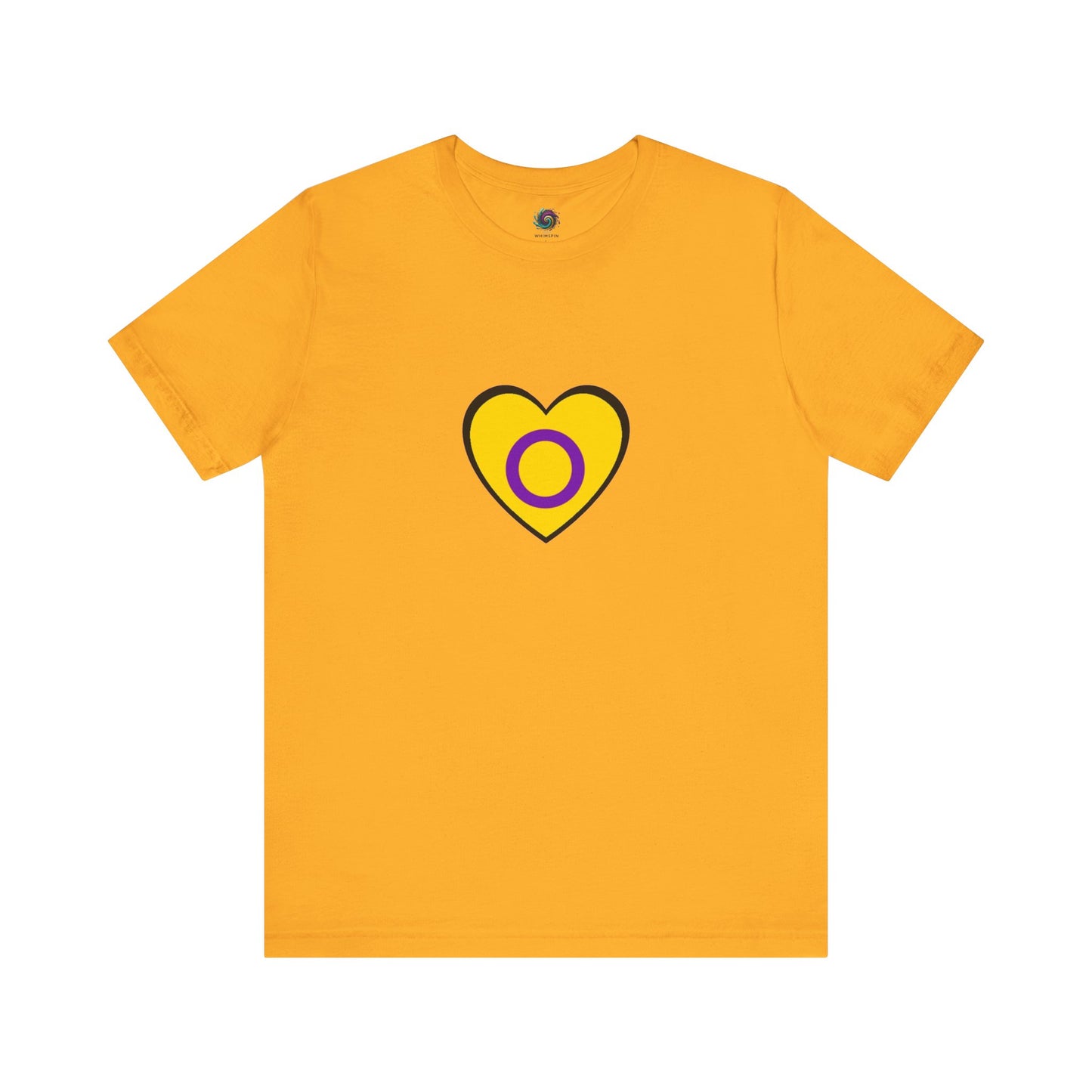 Intersex Pride Heart T-Shirt in gold with clean heart outline and pride circle for bold gender inclusivity.