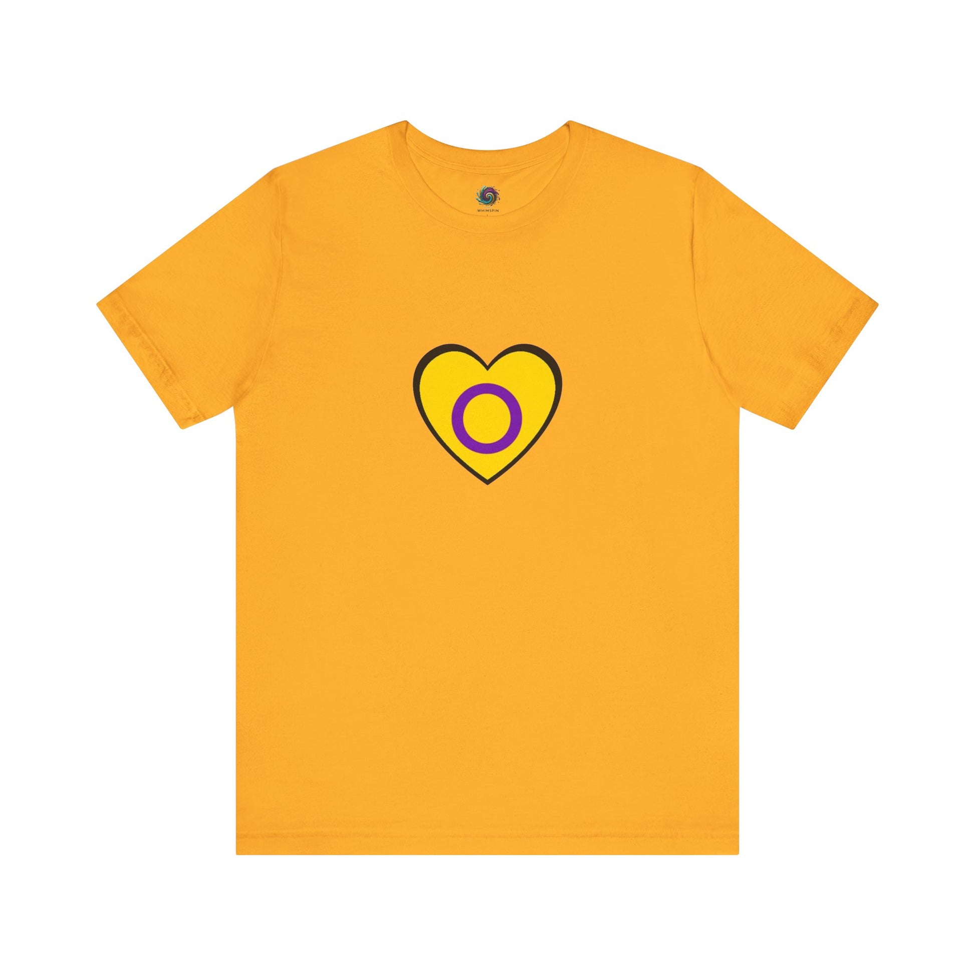Intersex Pride Heart T-Shirt in gold with clean heart outline and pride circle for bold gender inclusivity.