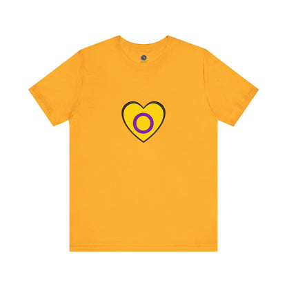 Intersex Pride Heart T-Shirt in gold with clean heart outline and pride circle for bold gender inclusivity.