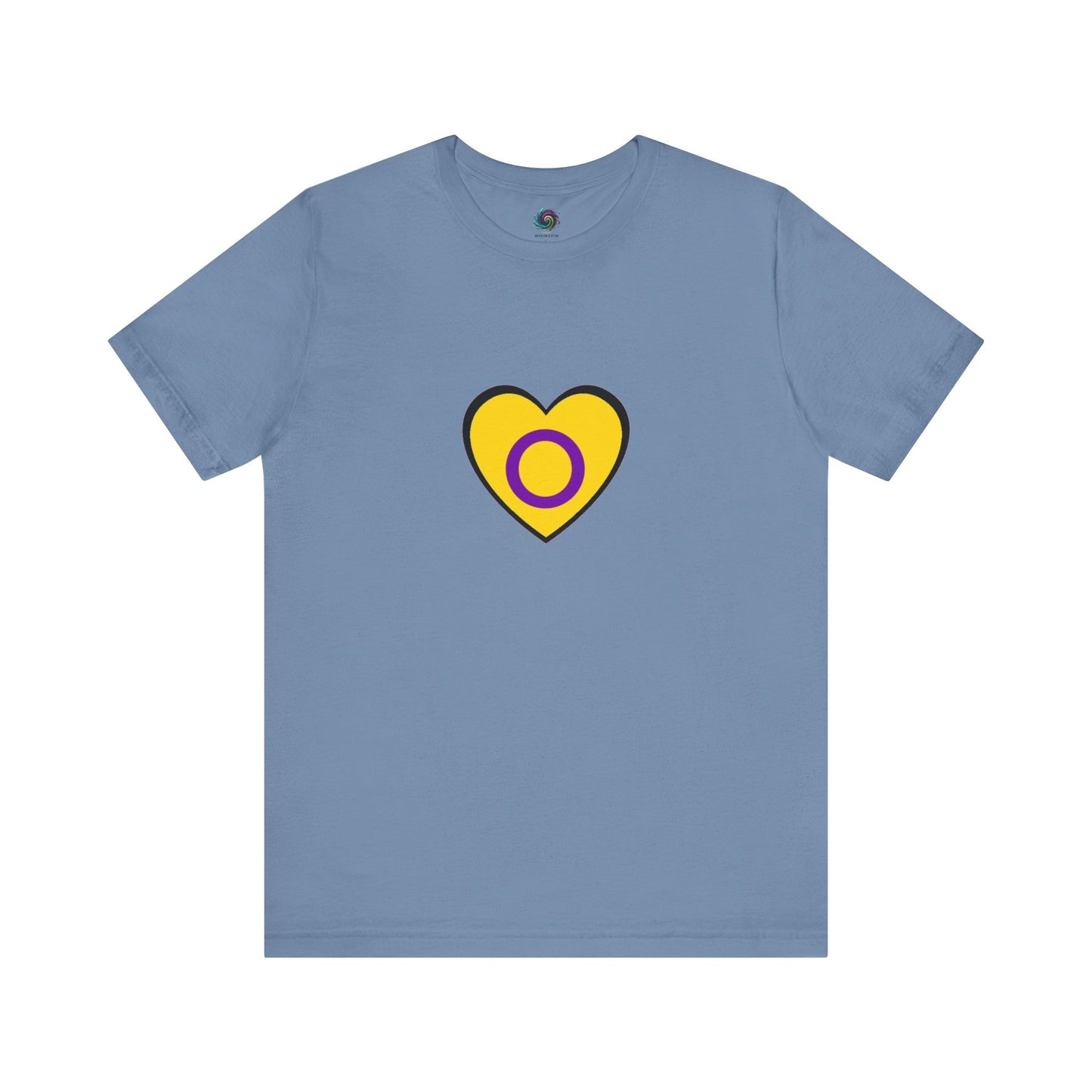 Intersex Pride Heart T-Shirt in steel blue, a calm backdrop for a powerful symbol of intersex identity.