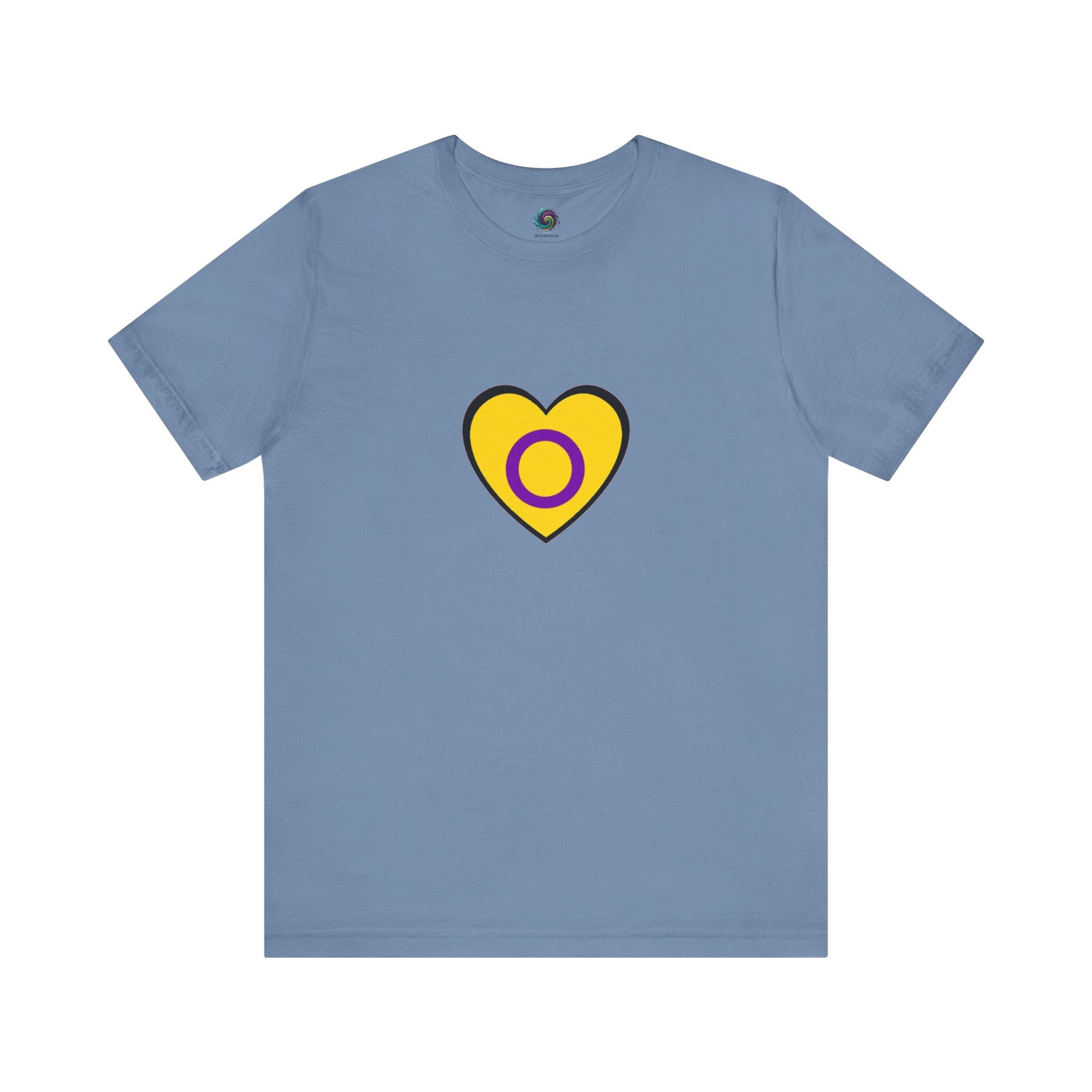 Intersex Pride Heart T-Shirt in steel blue, a calm backdrop for a powerful symbol of intersex identity.