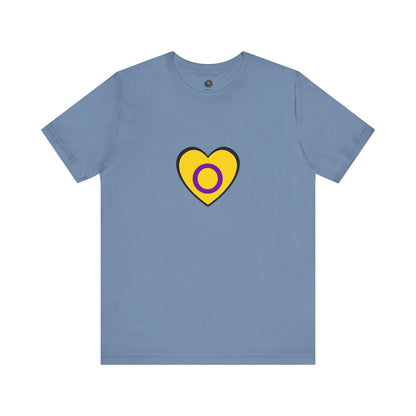 Intersex Pride Heart T-Shirt in steel blue, a calm backdrop for a powerful symbol of intersex identity.