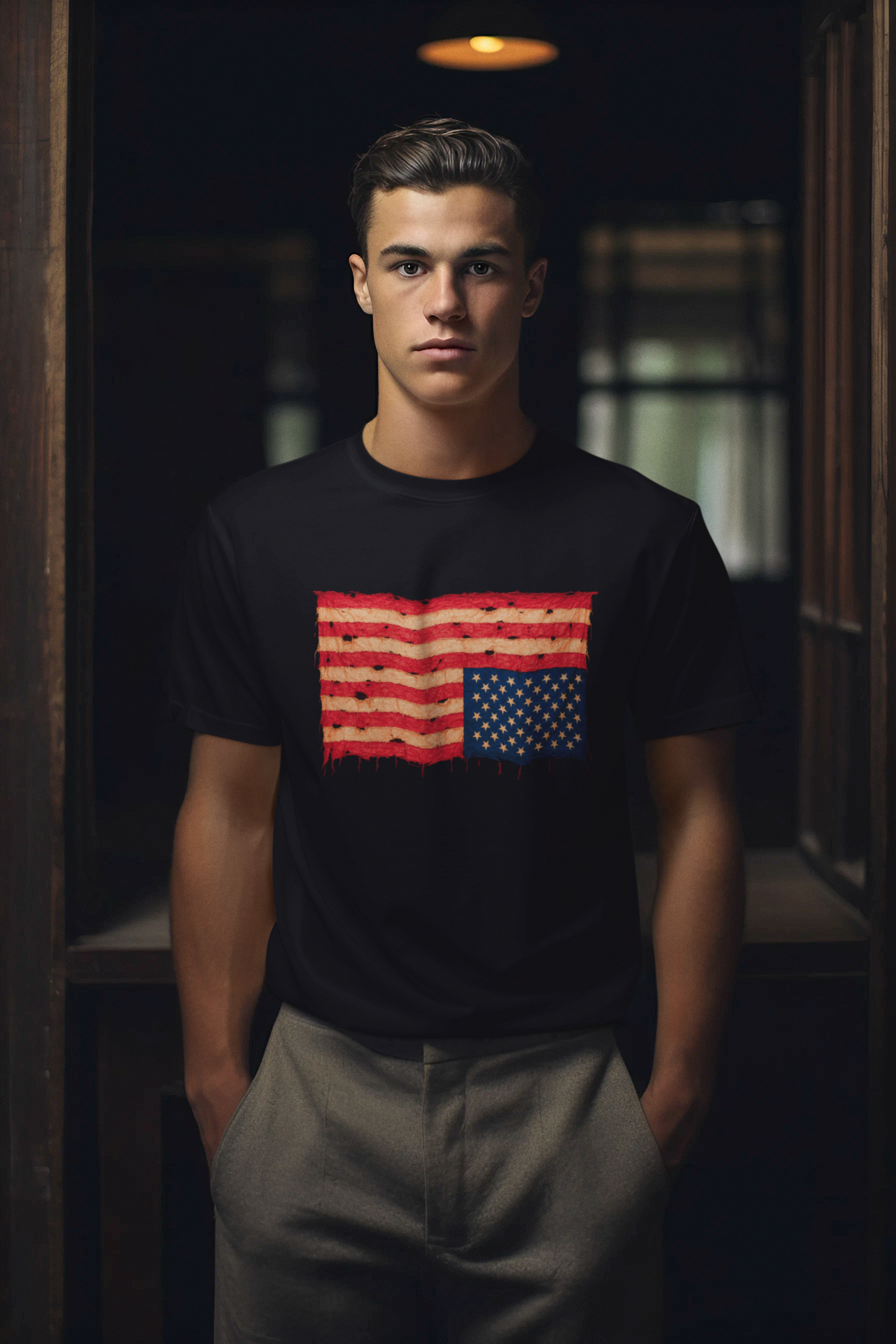 Inverted Flag Distressed T-Shirt – Nation in Distress Graphic Tee shown on a man in the black shirt variant inside a dark wood-paneled space.
