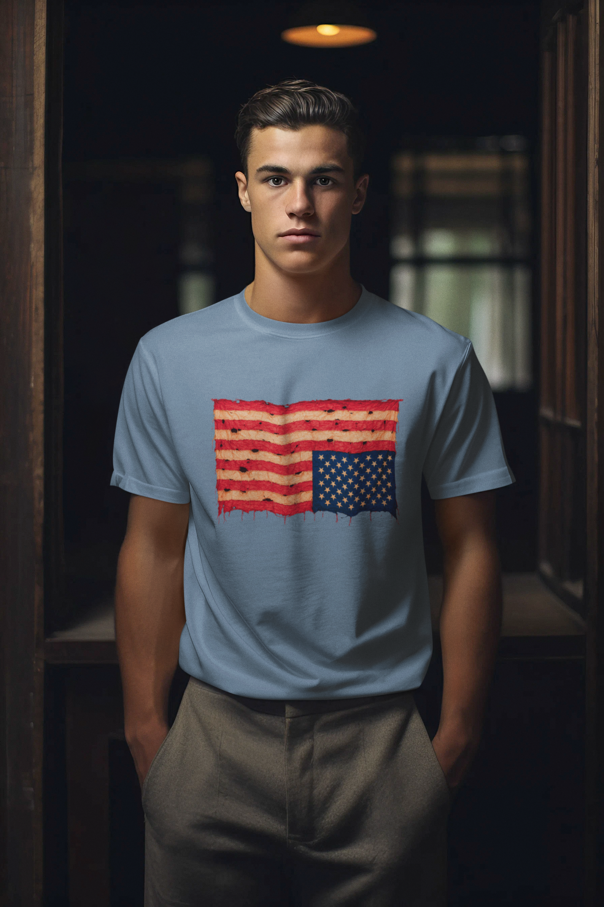 Inverted Flag Distressed T-Shirt – Nation in Distress Graphic Tee shown on a man wearing the light blue colorway in a dimly lit hallway.