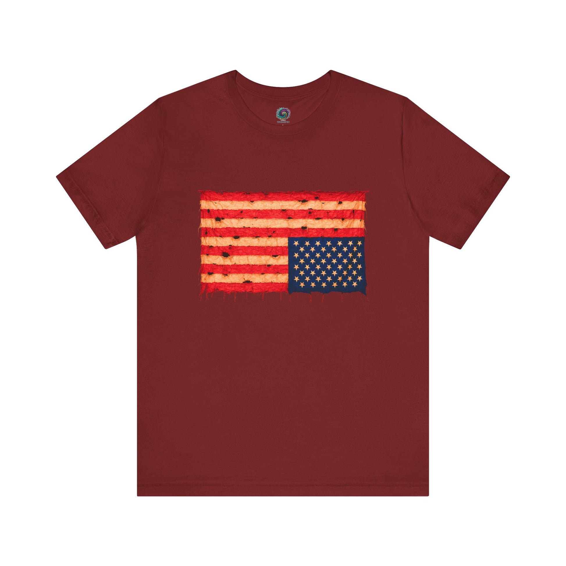 Inverted Flag Distressed T-Shirt – Nation in Distress Graphic Tee in cardinal displayed in flat lay presentation.