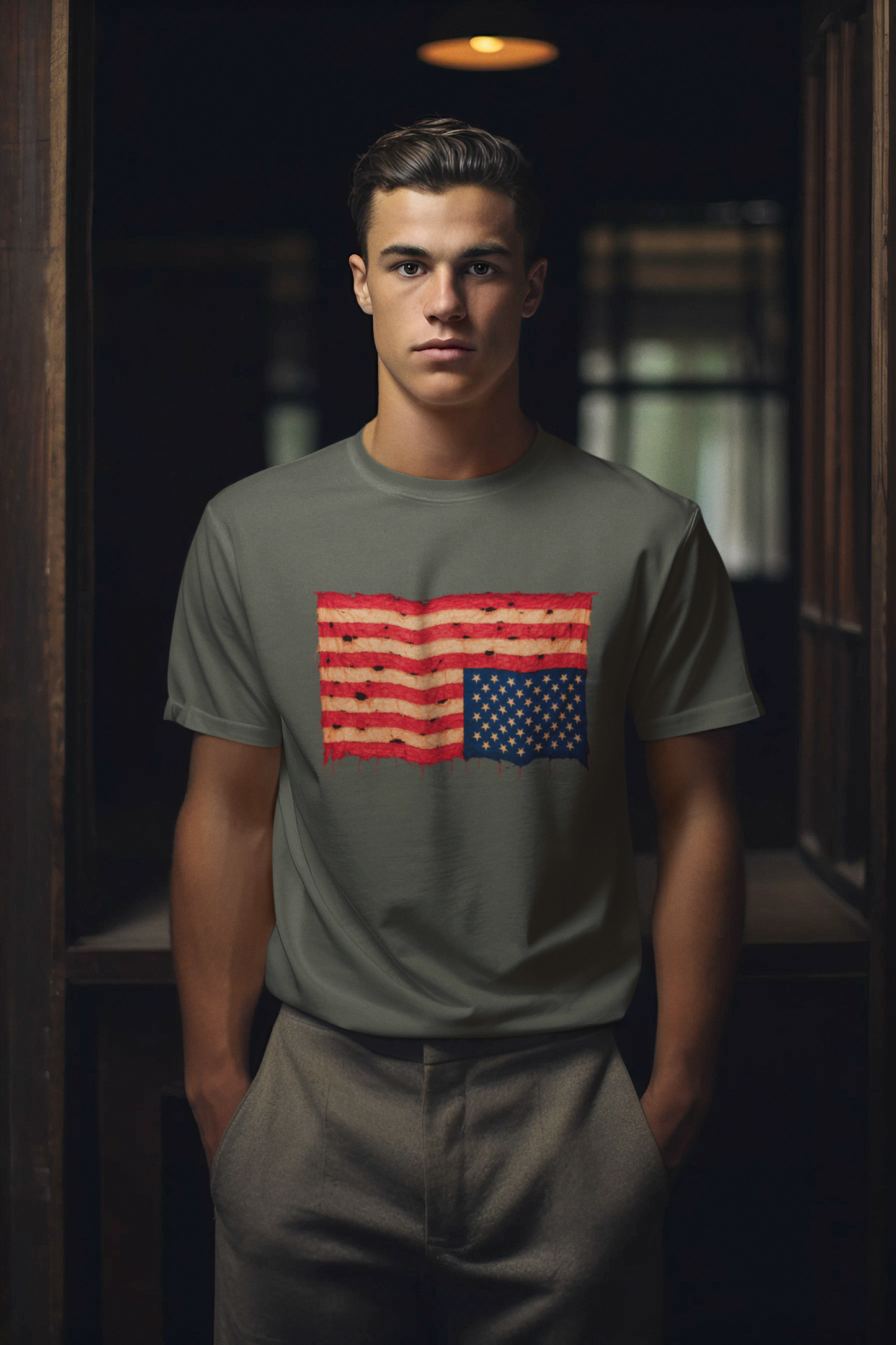 Inverted Flag Distressed T-Shirt – Nation in Distress Graphic Tee shown on a man wearing heather military green indoors with dramatic low lighting.