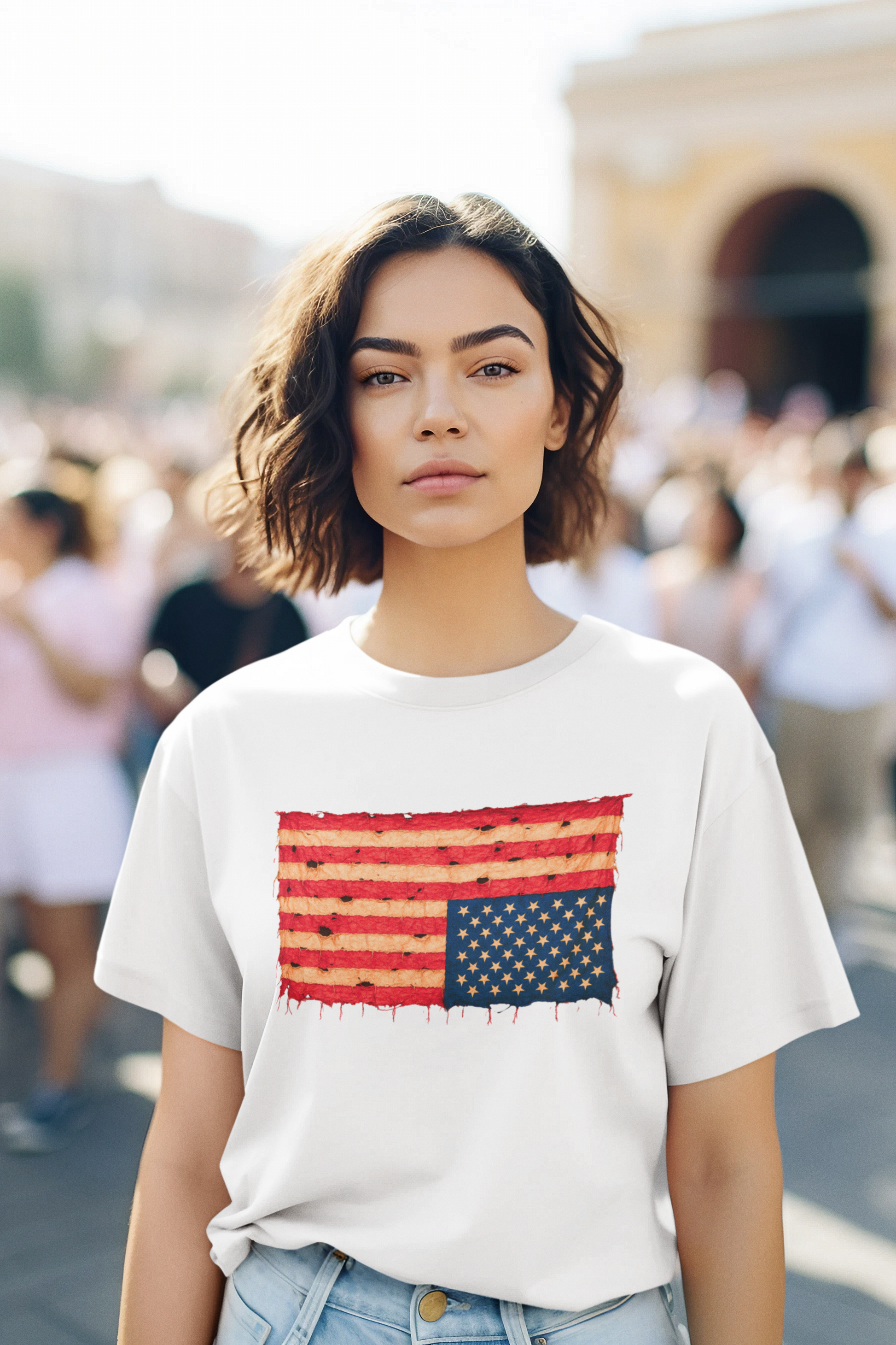 Inverted Flag Distressed T-Shirt – Nation in Distress Graphic Tee shown on a woman in white standing in a bright outdoor public crowd.