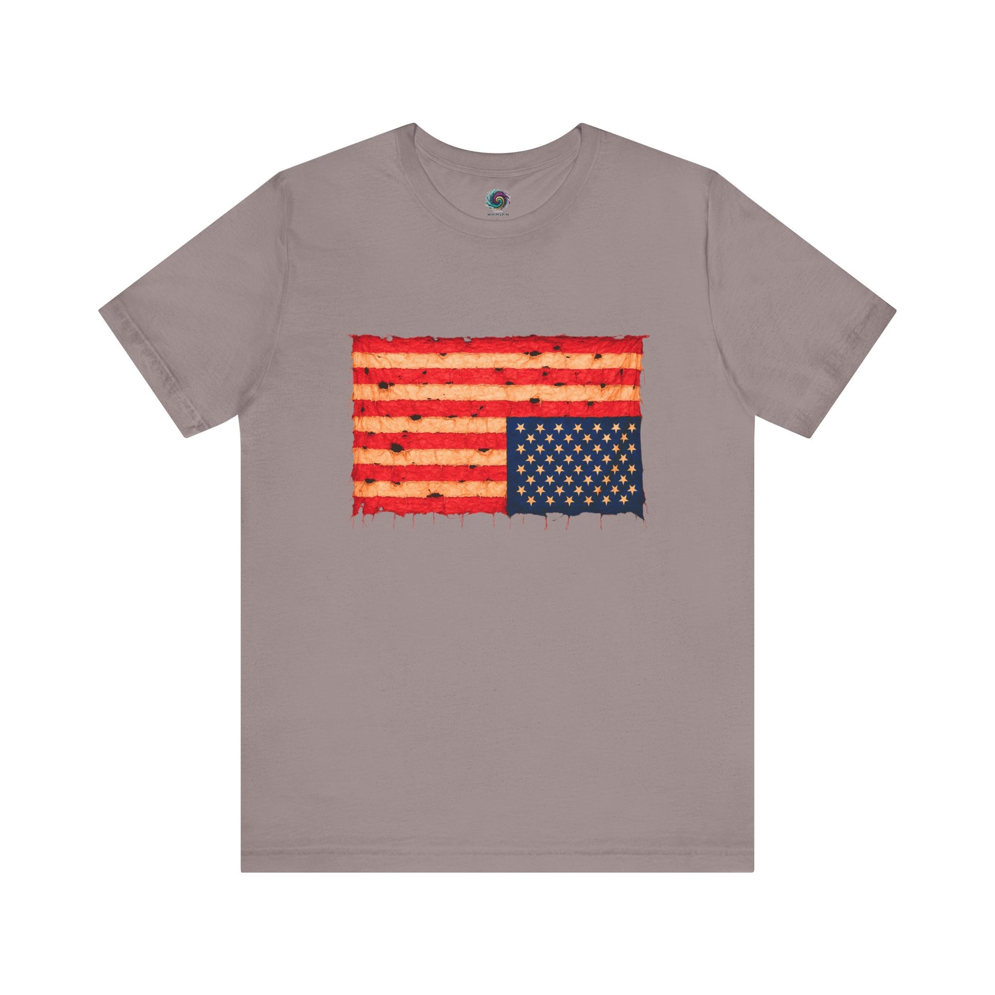 Inverted Flag Distressed T-Shirt – Nation in Distress Graphic Tee in pebble brown displayed in flat lay presentation.