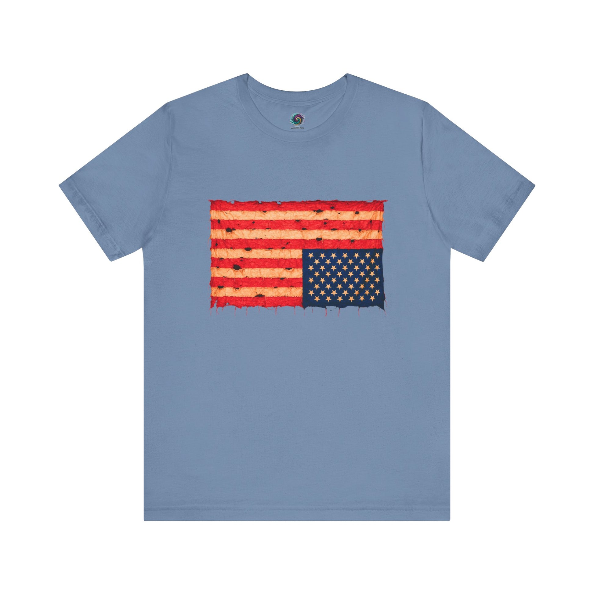 Inverted Flag Distressed T-Shirt – Nation in Distress Graphic Tee in steel blue displayed in flat lay presentation.