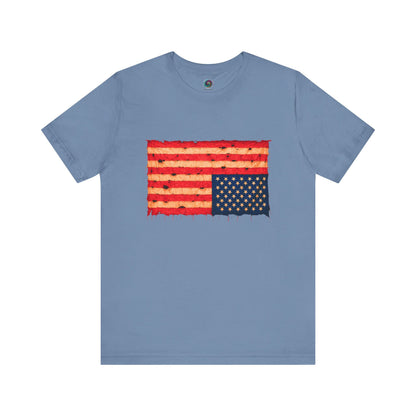 Inverted Flag Distressed T-Shirt – Nation in Distress Graphic Tee in steel blue displayed in flat lay presentation.