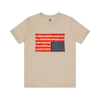 Inverted Flag Distressed T-Shirt – Nation in Distress Graphic Tee in tan displayed in flat lay presentation.