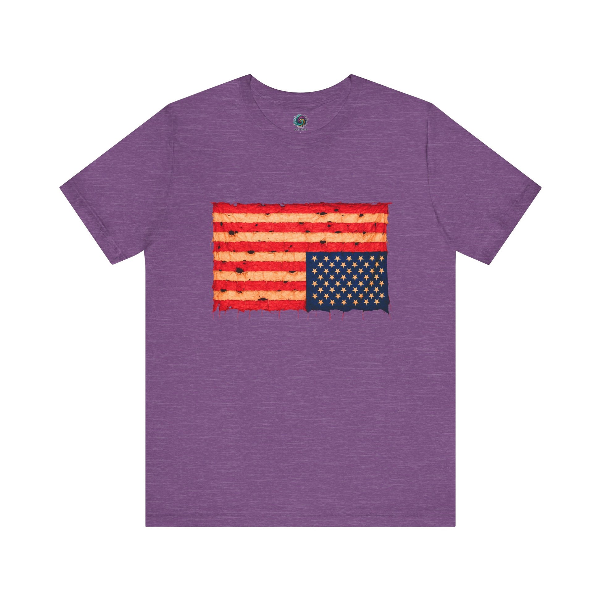 Inverted Flag Distressed T-Shirt – Nation in Distress Graphic Tee in heather team purple displayed in flat lay presentation.
