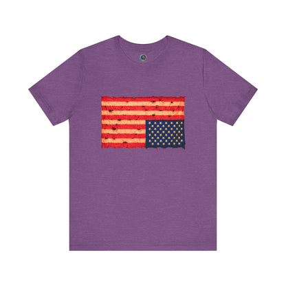 Inverted Flag Distressed T-Shirt – Nation in Distress Graphic Tee in heather team purple displayed in flat lay presentation.