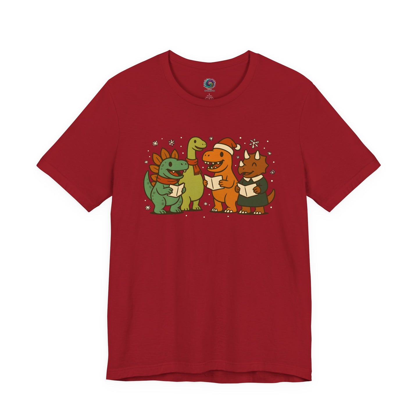 Dinosaur Carolers T-Shirt – Cute Dino Christmas Singing Tee in canvas red with festive singing dinosaur illustration