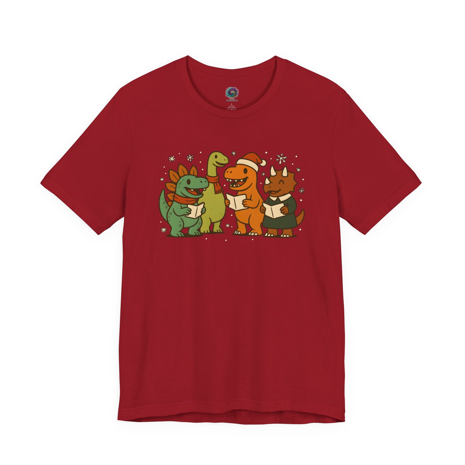Dinosaur Carolers T-Shirt – Cute Dino Christmas Singing Tee in canvas red with festive singing dinosaur illustration