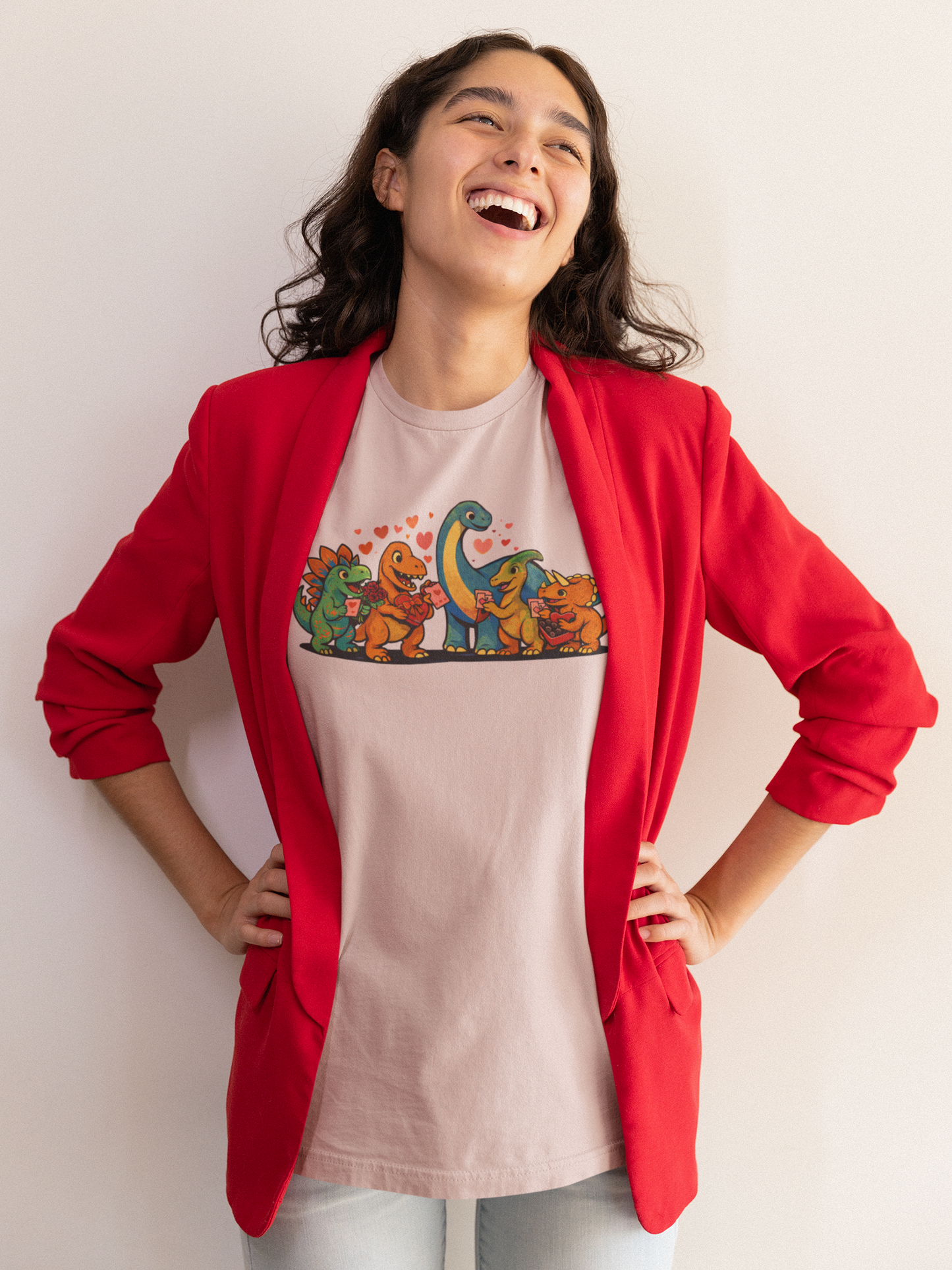 Dinosaur Valentines T-Shirt – Cute Dino Valentine’s Day Tee worn casually in a festive Valentine setting, featuring cheerful dinosaurs sharing affection in a fun dinosaur valentine design