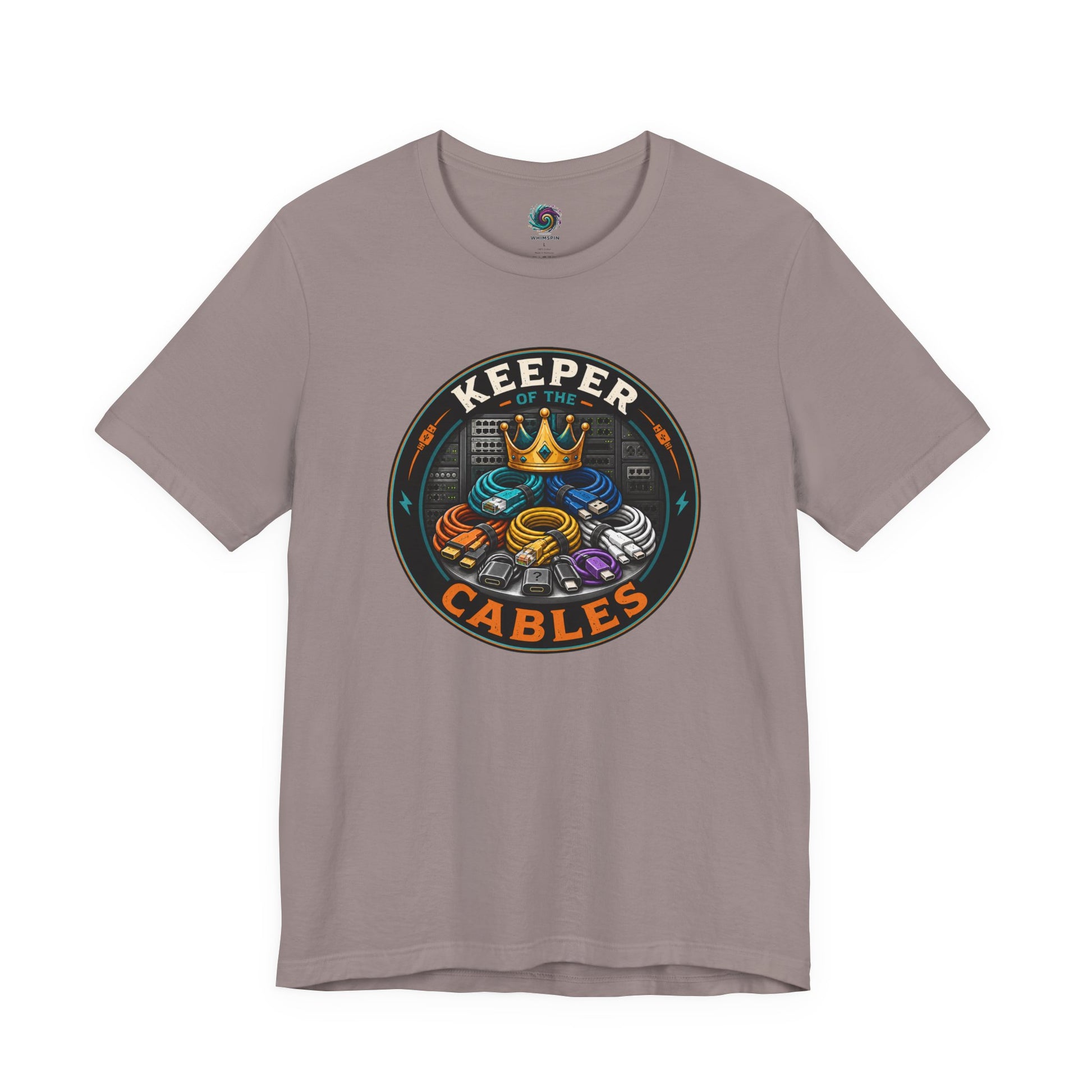 Keeper of the Cables T-Shirt – Funny Tech Dad Cable Tee on pebble brown with funny household tech support energy.