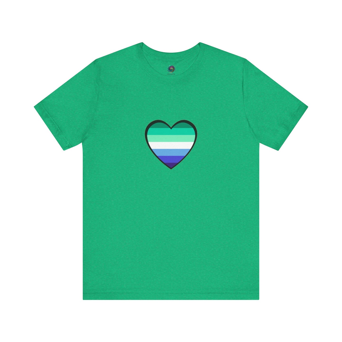 Gay Men's Pride Flag Heart T-Shirt – LGBTQ+ Flag Design on Unisex Tee in kelly green featuring a bold blue and green gay heart for pride expression.