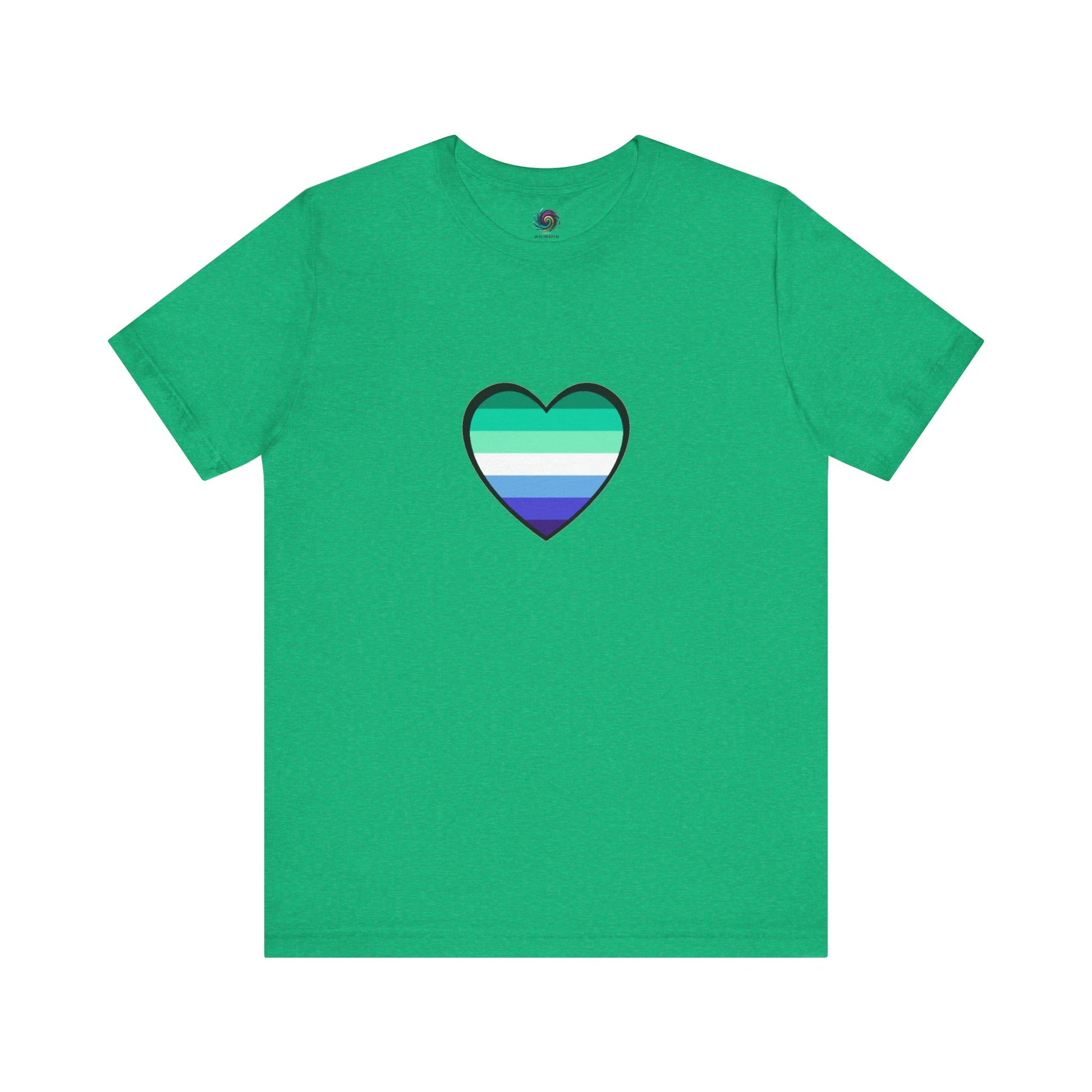 Gay Men's Pride Flag Heart T-Shirt – LGBTQ+ Flag Design on Unisex Tee in kelly green featuring a bold blue and green gay heart for pride expression.