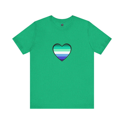 Gay Men's Pride Flag Heart T-Shirt – LGBTQ+ Flag Design on Unisex Tee in kelly green featuring a bold blue and green gay heart for pride expression.