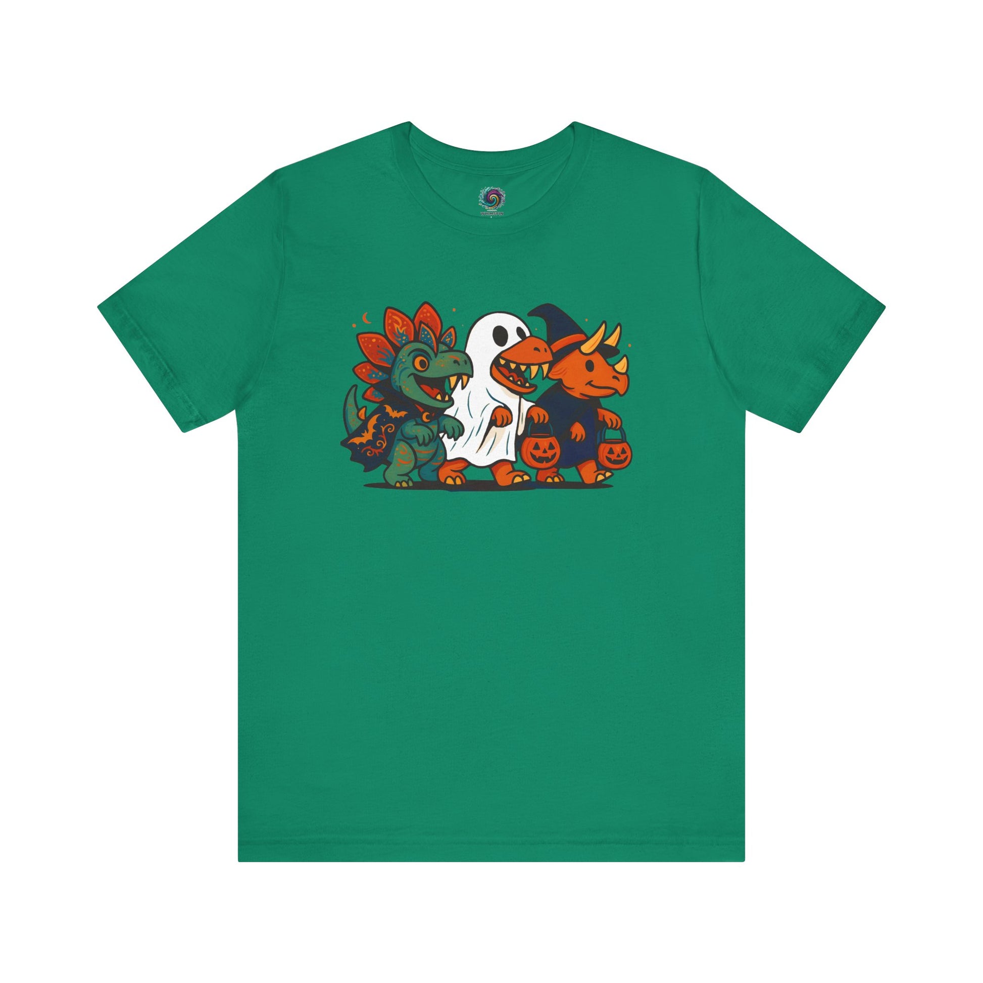 Kelly Green t-shirt with cartoon dinosaurs wearing costumes and trick-or-treating design on a white background