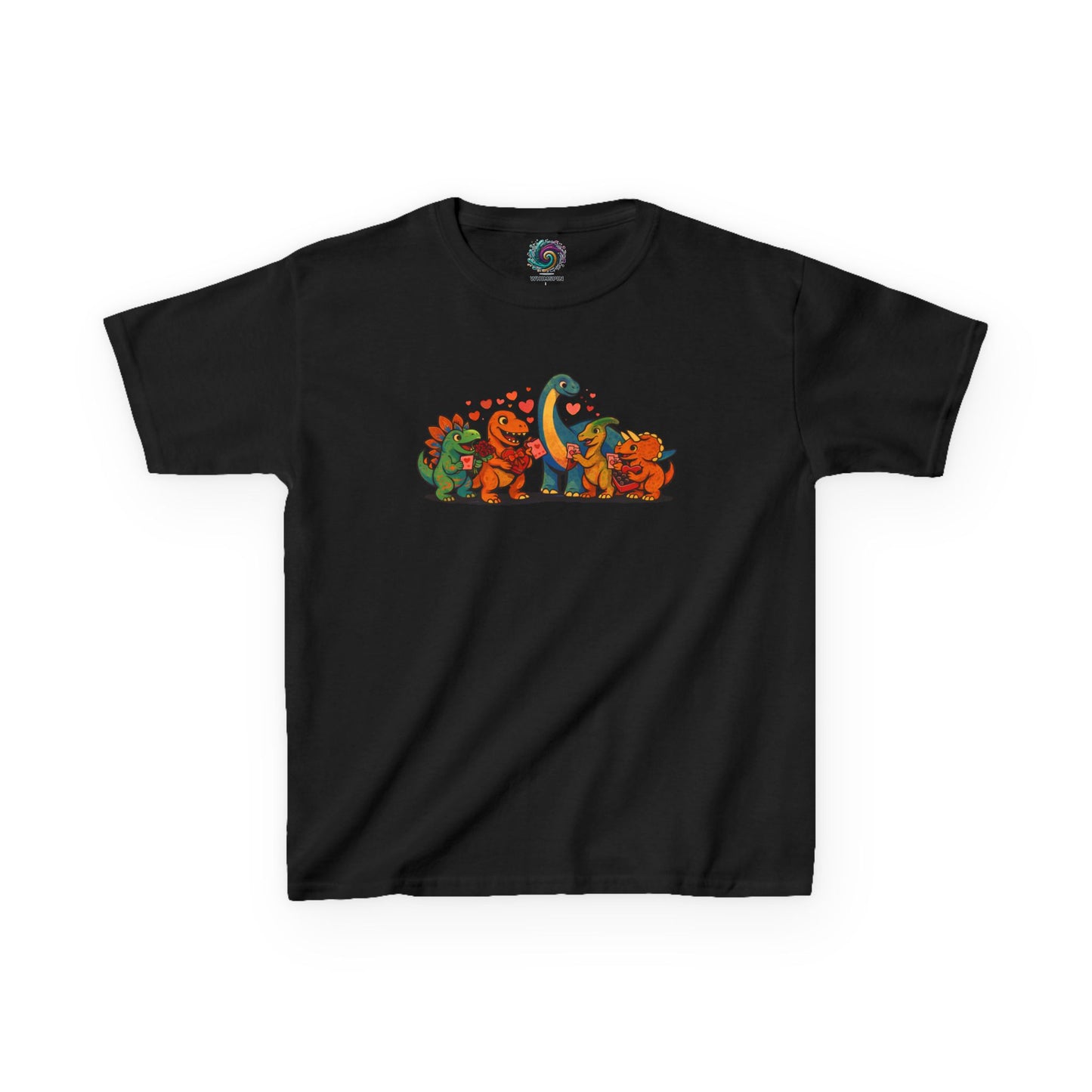 Kids Dino Friends T-Shirt – Cute Cartoon Dinosaurs Graphic Tee for Children lay flat in black, vibrant dinosaur friends illustration ideal for kids Valentine’s dino shirt
