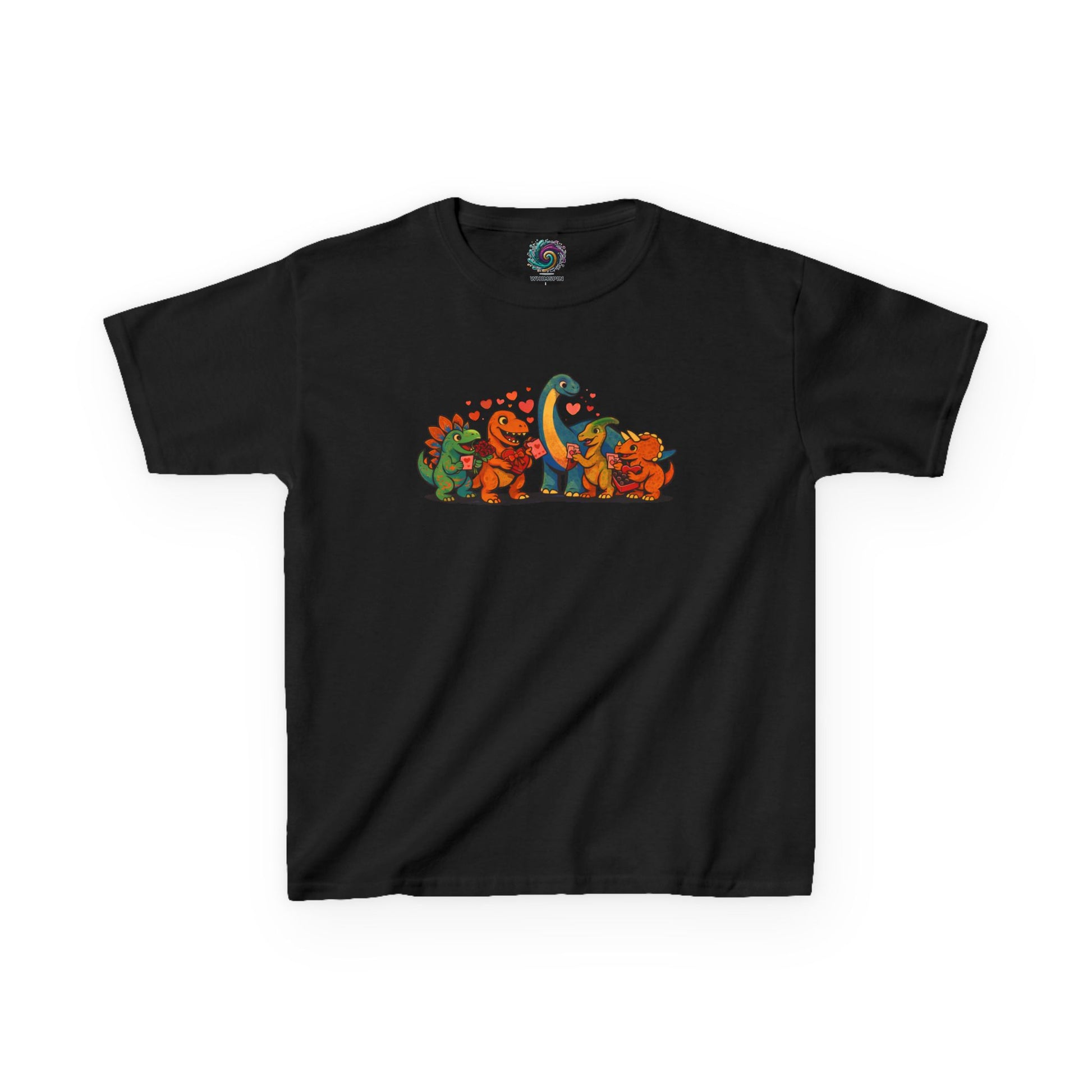 Kids Dino Friends T-Shirt – Cute Cartoon Dinosaurs Graphic Tee for Children lay flat in black, vibrant dinosaur friends illustration ideal for kids Valentine’s dino shirt