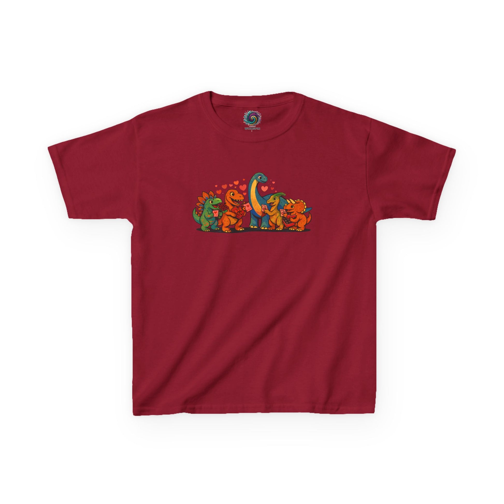 Kids Dino Friends T-Shirt – Cute Cartoon Dinosaurs Graphic Tee for Children lay flat in cardinal red, fun cartoon dinosaur friends design for kids