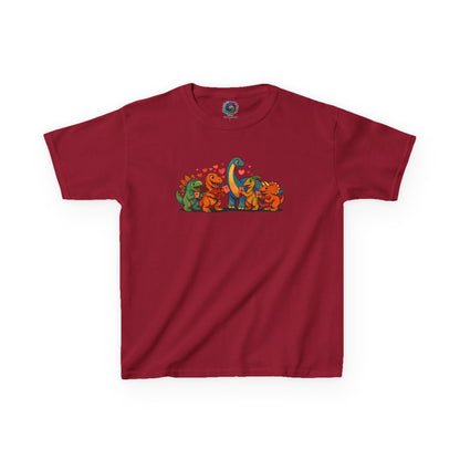 Kids Dino Friends T-Shirt – Cute Cartoon Dinosaurs Graphic Tee for Children lay flat in cardinal red, fun cartoon dinosaur friends design for kids