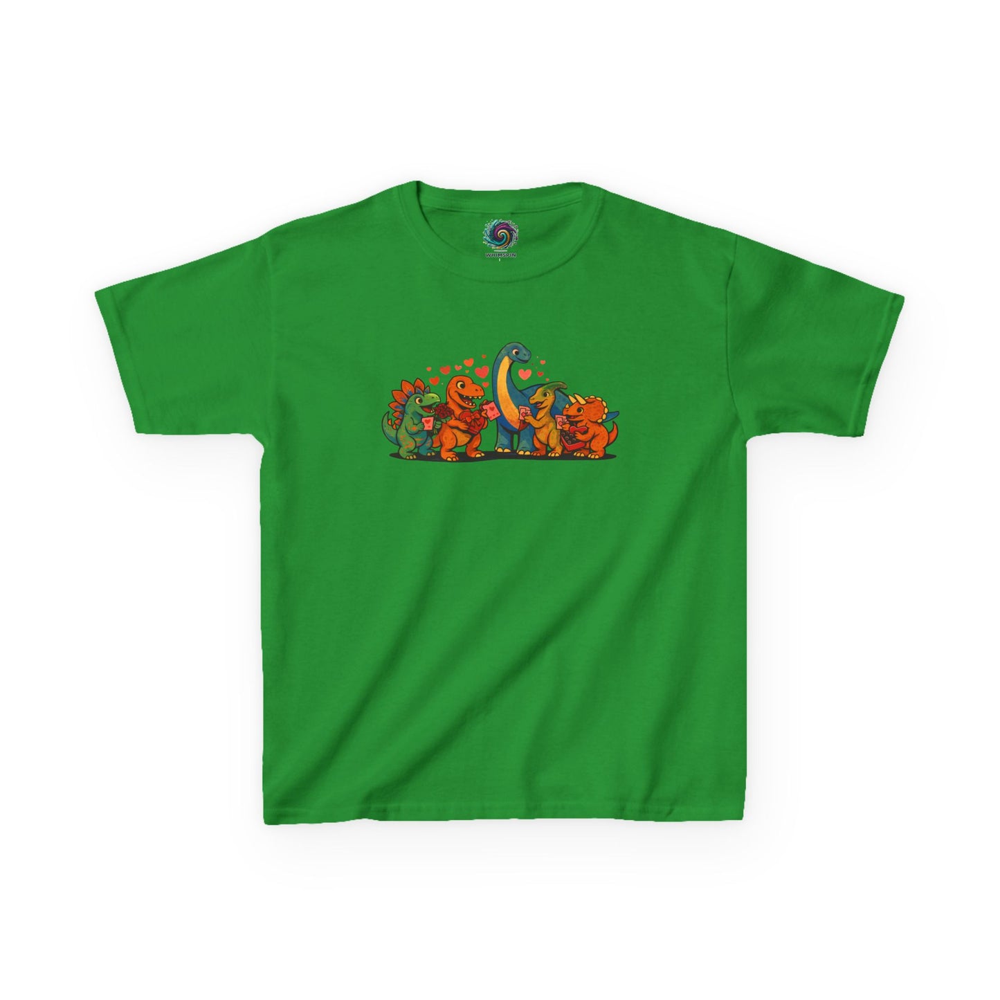 Kids Dino Friends T-Shirt – Cute Cartoon Dinosaurs Graphic Tee for Children lay flat in Irish green, playful dinosaur friends artwork for children’s Valentine’s dinosaurs