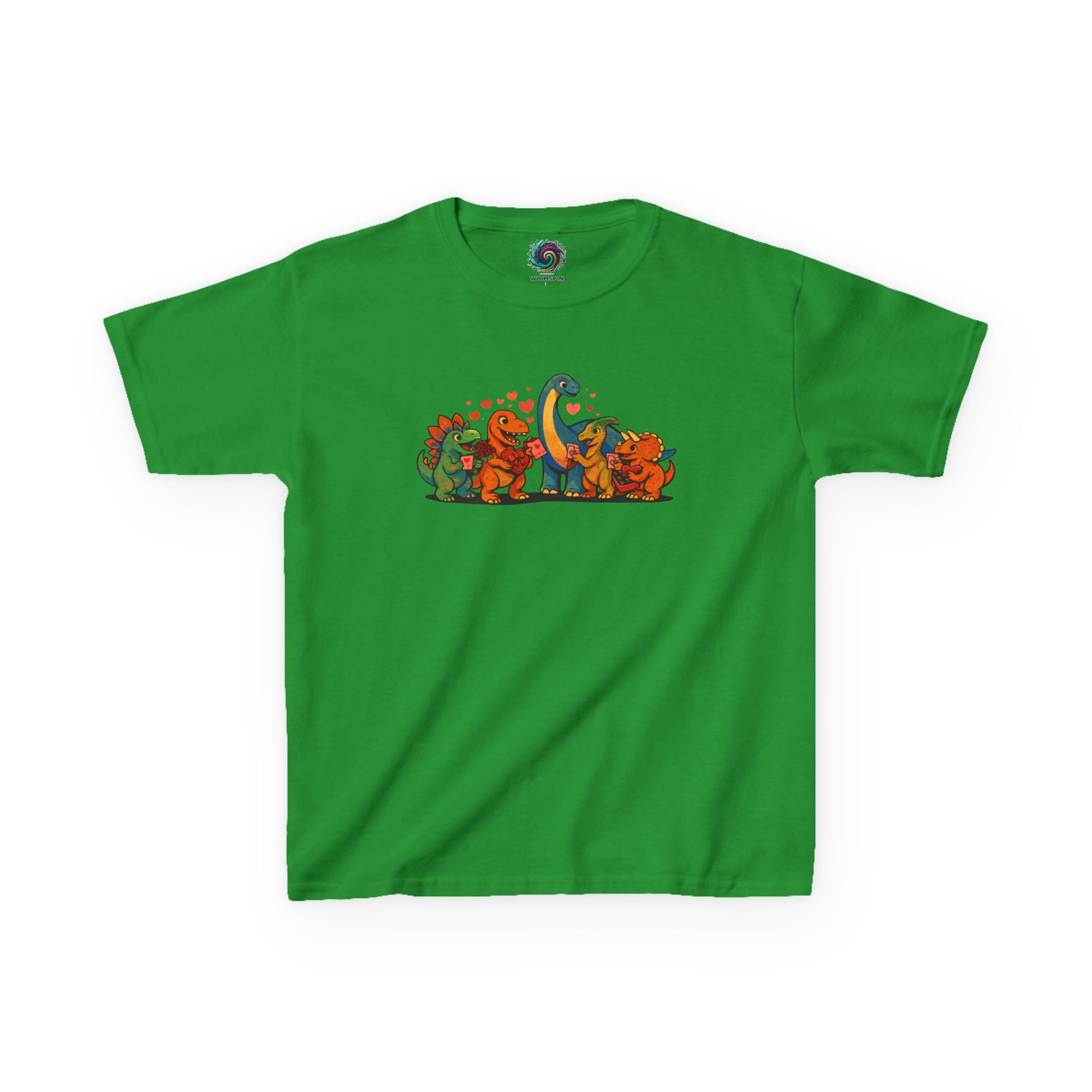Kids Dino Friends T-Shirt – Cute Cartoon Dinosaurs Graphic Tee for Children lay flat in Irish green, playful dinosaur friends artwork for children’s Valentine’s dinosaurs