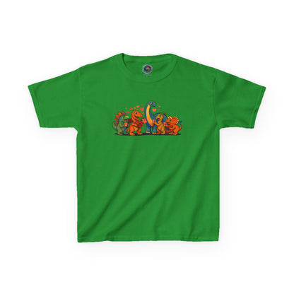 Kids Dino Friends T-Shirt – Cute Cartoon Dinosaurs Graphic Tee for Children lay flat in Irish green, playful dinosaur friends artwork for children’s Valentine’s dinosaurs