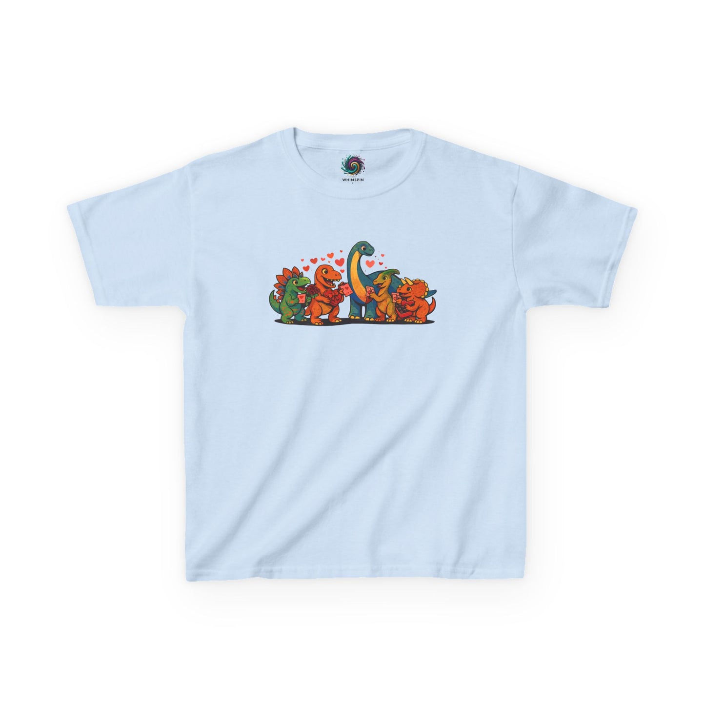 Kids Dino Friends T-Shirt – Cute Cartoon Dinosaurs Graphic Tee for Children lay flat in light blue, sweet dinosaur friends artwork for children