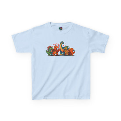Kids Dino Friends T-Shirt – Cute Cartoon Dinosaurs Graphic Tee for Children lay flat in light blue, sweet dinosaur friends artwork for children