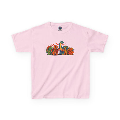 Kids Dino Friends T-Shirt – Cute Cartoon Dinosaurs Graphic Tee for Children lay flat in light pink, adorable dinosaur friends graphic perfect for kids Valentine’s dinosaurs